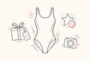 Minimal line-art illustration of a LEOHEX swimsuit, first-order gift, rewards and creator camera
